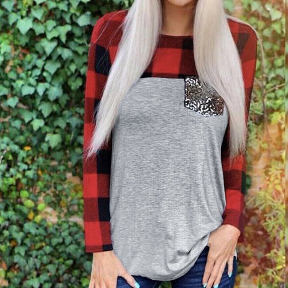 Red & Black Buffalo Check Plaid Gray Shirt Sequins - Picture 2 of 4
